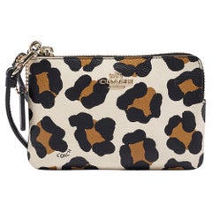 Coach Black/Brown Leopard Print Leather Zip Wristlet Pouch (pochette en cuir zippée)