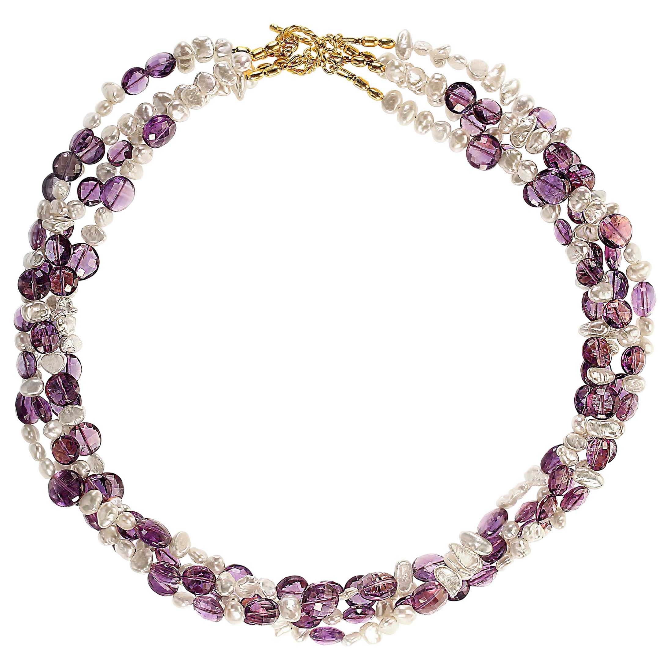 AJD 19 Zoll Vierstrang-Halskette aus Münzförmigem Amethyst und Perlen im Zustand „Neu“ im Angebot in Raleigh, NC