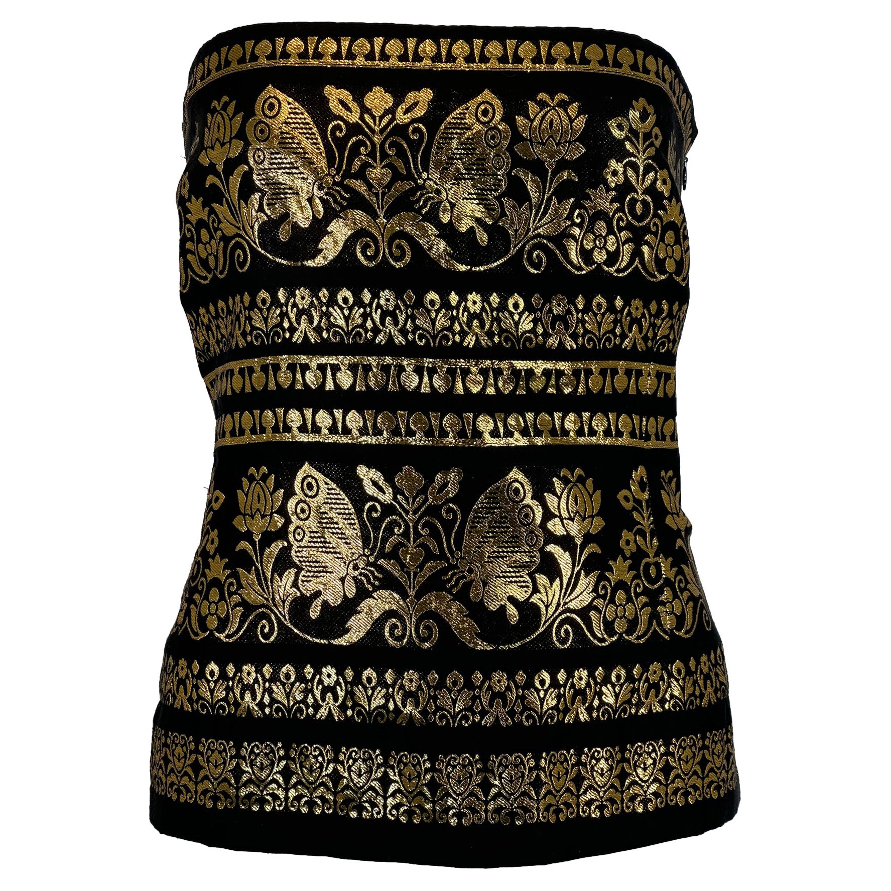 Ralph Lauren Woven Black & Gold Silk Blend Woven Design Strapless Peplum Top 12 For Sale