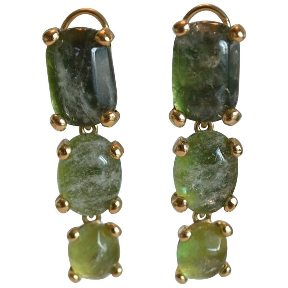Goossens Paris Tinted Green Rock Crystal Triple Drop Clip Earrings