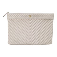 Chanel Chevron Beige Leather CC Zip Clutch