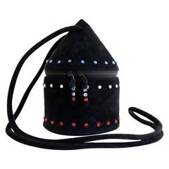 1980s Maud Frizon Sculptural Black Suede Jeweled Minaudiere Shoulder Bag 7