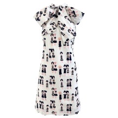 Chic 1990s Novelty French 60s Dolls Print Black and White Vintage 90s Bow Dress