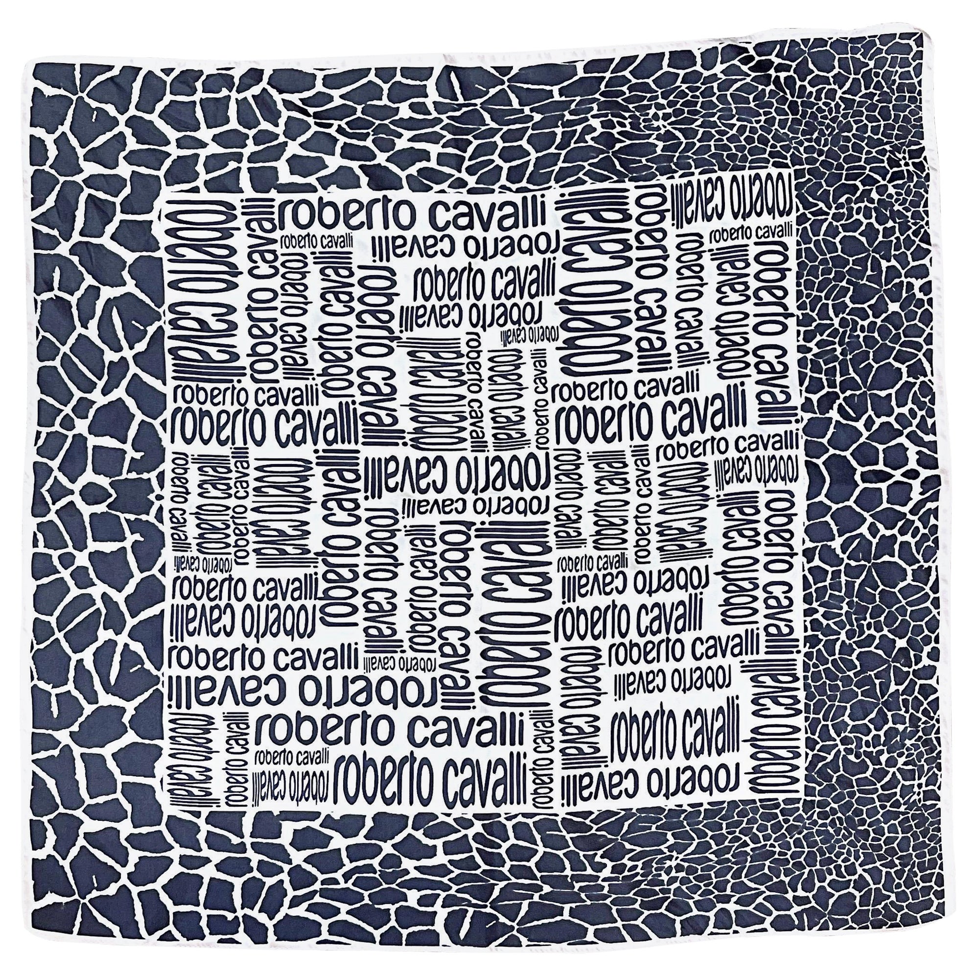 Roberto Cavalli 2000s Black and White Logo + Giraffe Animal Print Silk Scarf Y2K For Sale