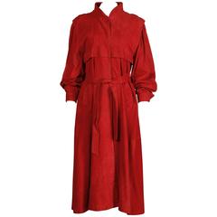 Fendi Vintage Red Suede Leather Trench Coat and Matching Sash Belt, 1990s