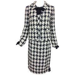 Chanel 04A metallic tweed check skirt set with bow trims 38