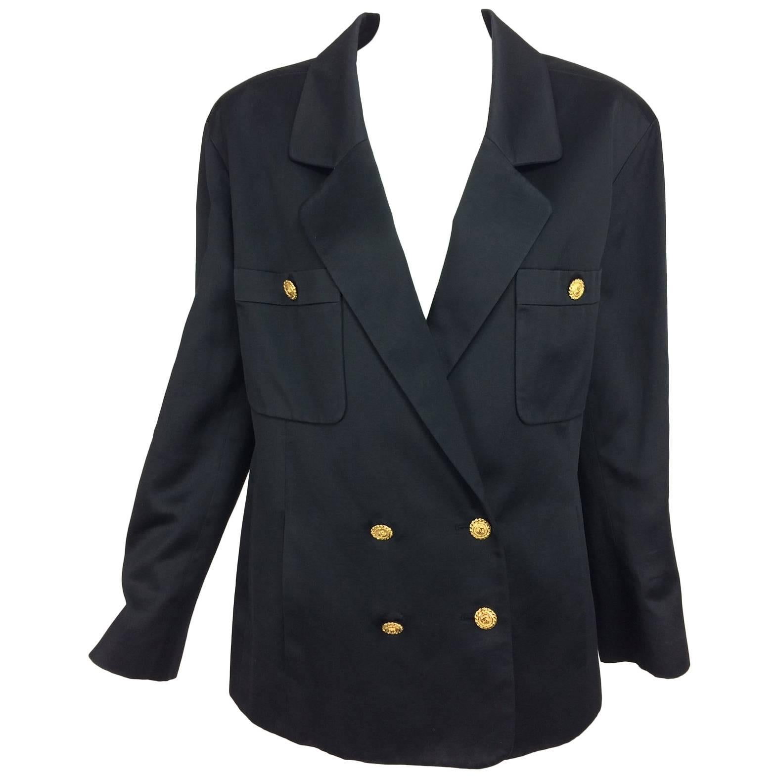 Vintage Chanel black silk double breasted pea coat jacket 42