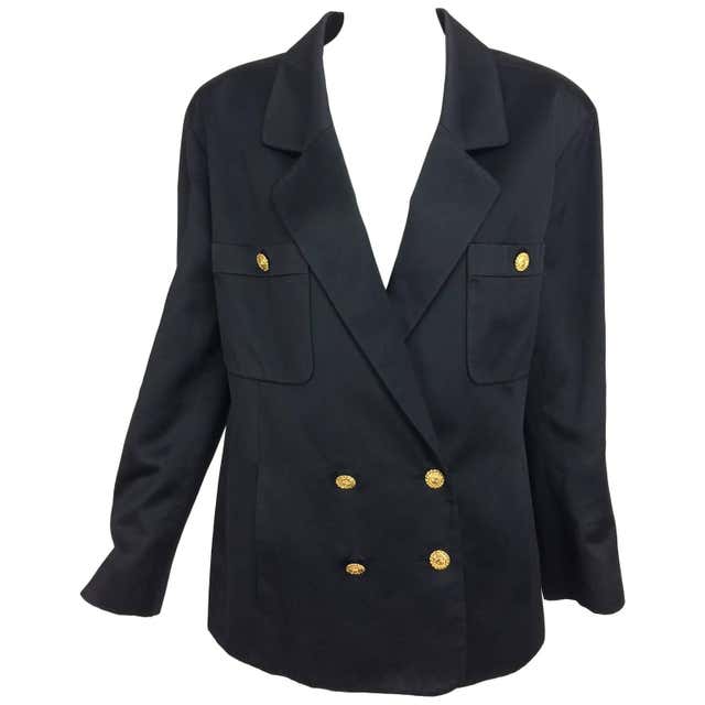 Vintage Chanel black silk double breasted pea coat jacket 42 For Sale ...