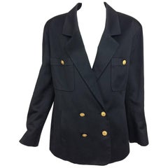 Vintage Chanel black silk double breasted pea coat jacket 42