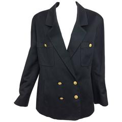 Vintage Chanel black silk double breasted pea coat jacket 42 4