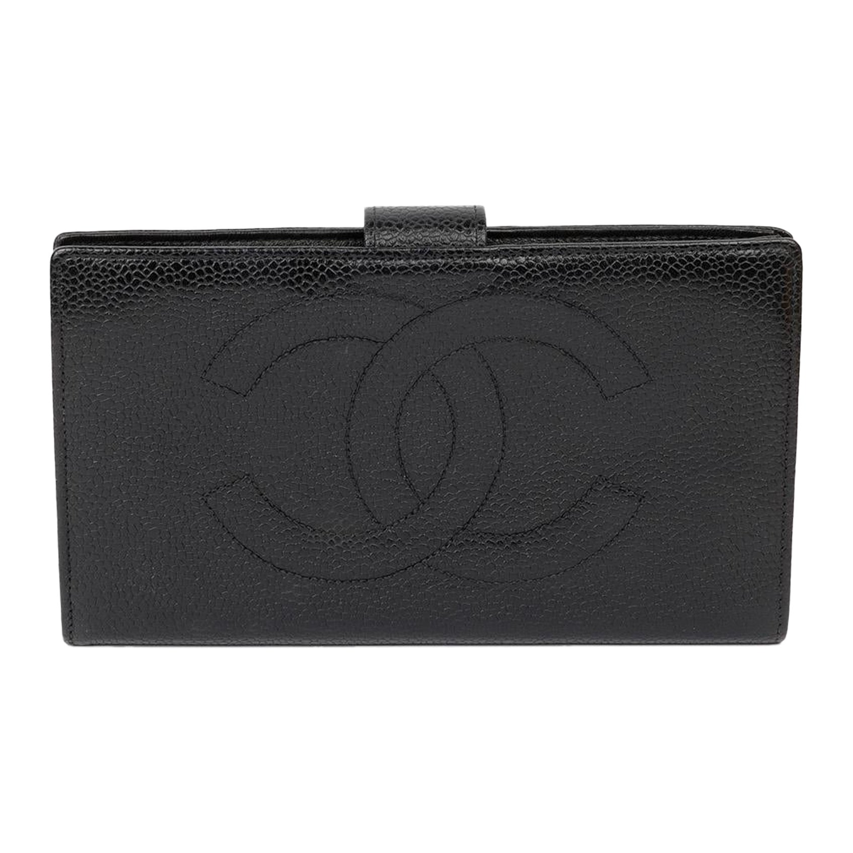 Chanel Black Caviar Leather Timeless Long Wallet For Sale