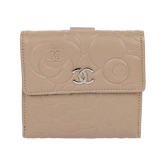 Chanel Taupe Camellia Embossed Lambskin Leather Classic Compact Wallet