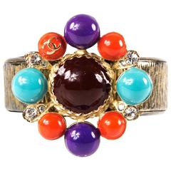 Chanel Bracelet Cuff - Gem Pearl Crystal CC Logo Gold Bangle Charm 07A