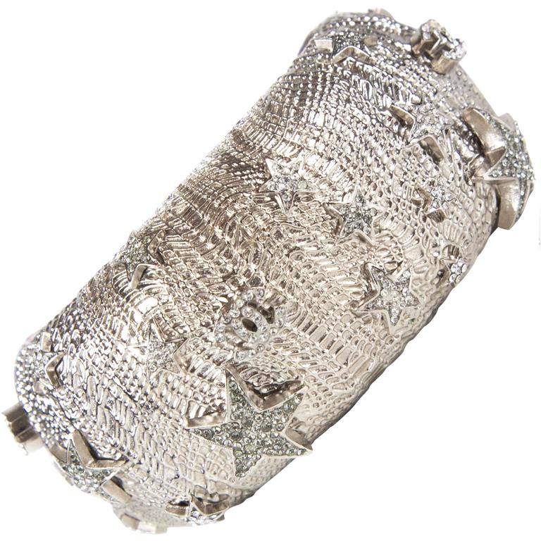 Chanel Star Bracelet Crystal CC Wide Silver Bangle Cuff Logo