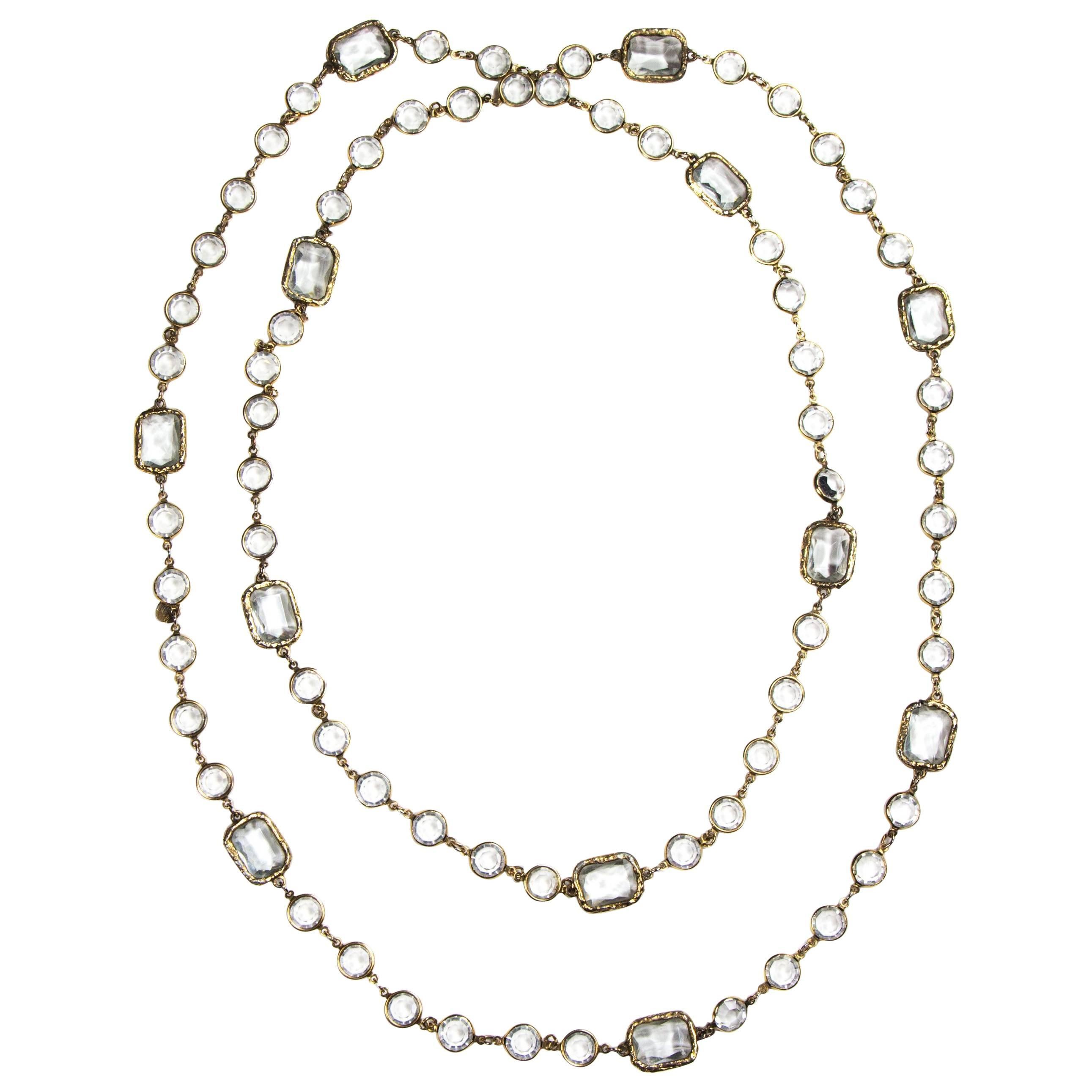 Chanel Chicklet Necklace - 64" - Clear Gripoix Glass Gold Vintage 1981 Chain CC