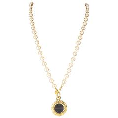 Chanel Pearl Necklace - Glass Round Charm CC Medallion Gold Pendant Vintage