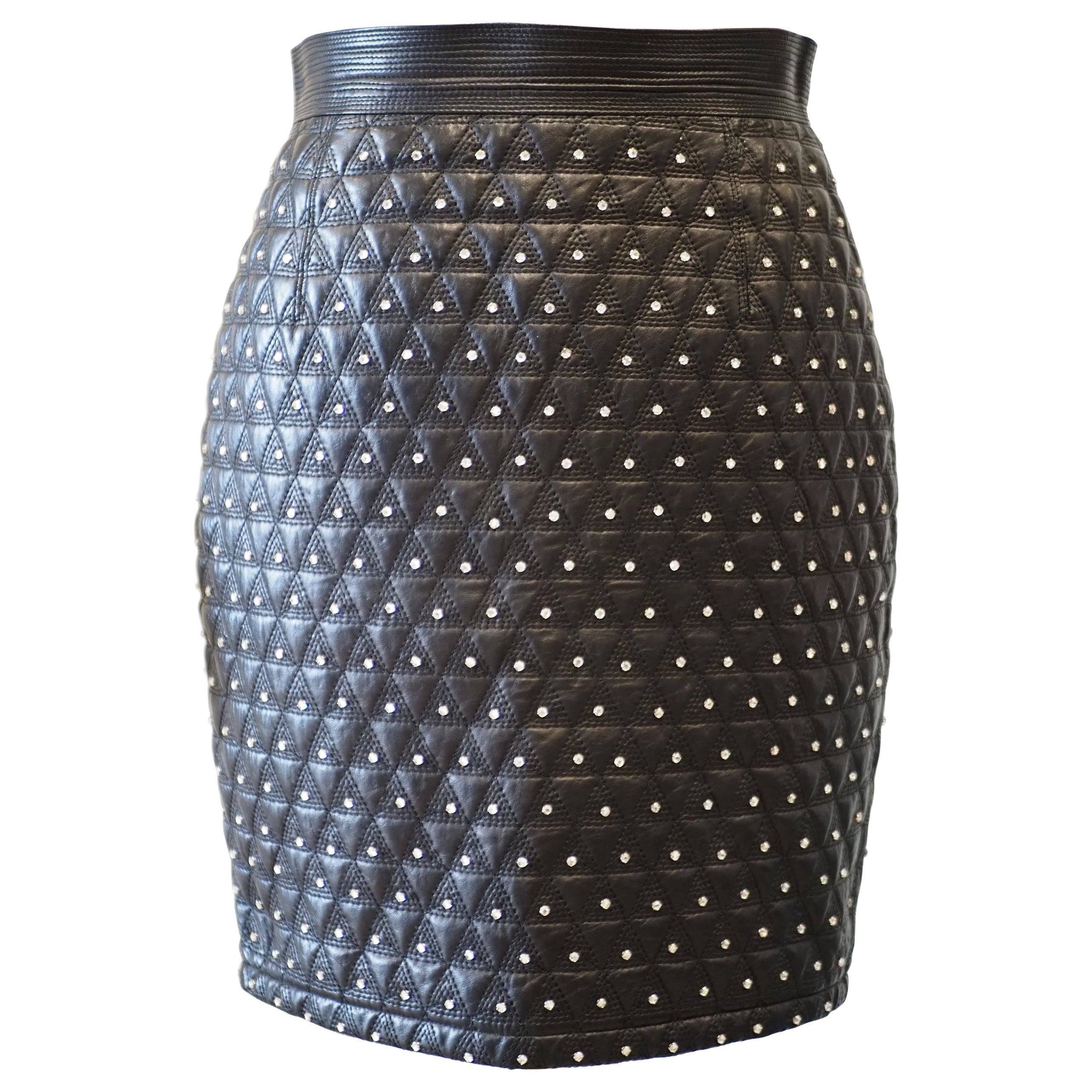 Gianni Versace black leather crystal stones skirt For Sale