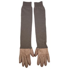 Guantes de punto de cachemira y piel de cordero caqui Hermès