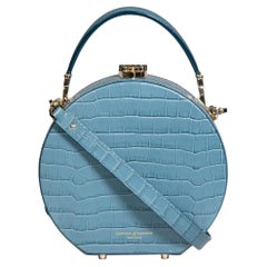 Aspinal of London Blue Leather Hat Box Croc Embossed Top Handle Bag