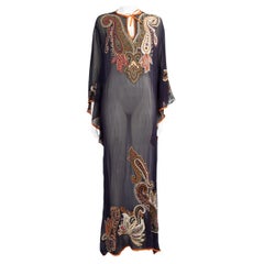 Etro Navy Silk Embroidered Beach Cover Up Dress Size L