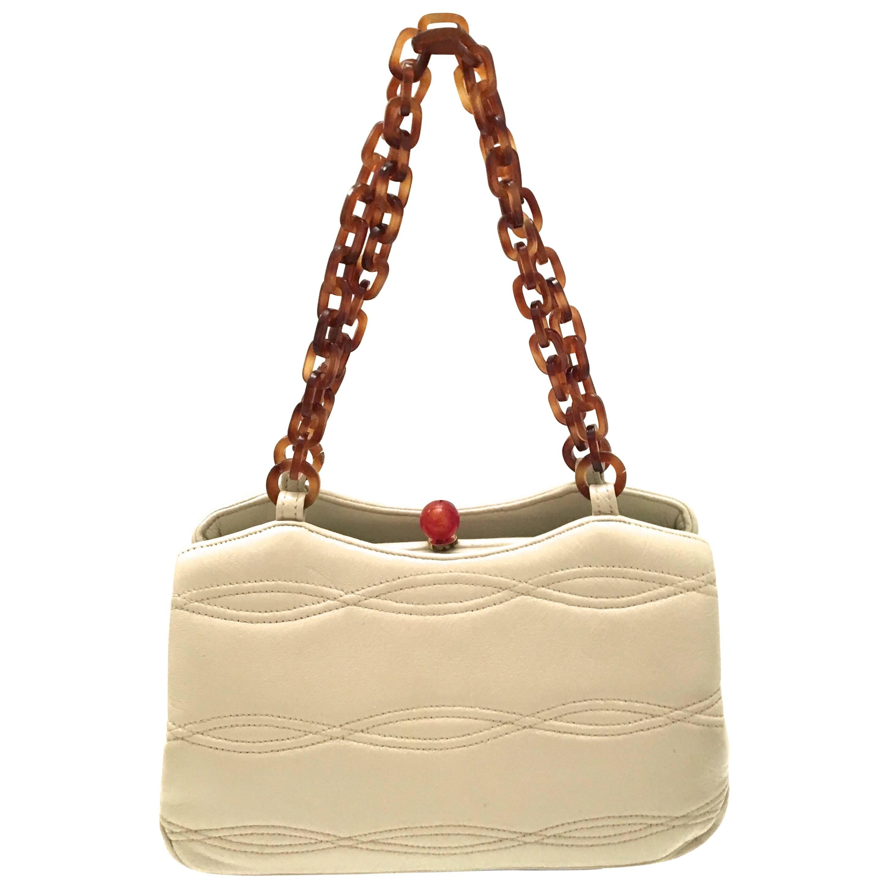 Rare 1950's Morris Moscowitz Beige Leather Purse - Bakelite Hardware For Sale