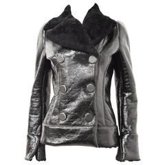 Alexander McQueen Black Double Breasted Patent Leather and Shearling Jacket