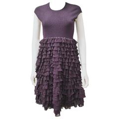 Alexander McQueen Aubergine Knitted Dress with Tiered Lace Ruffle Skirt