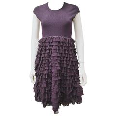 Alexander McQueen Aubergine Knitted Dress with Tiered Lace Ruffle Skirt 