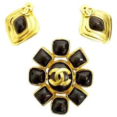 Vintage Chanel Stone Earrings, Pin Brooch Set Rare Gold