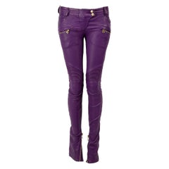 Balmain Purple Leather Skinny Biker Trousers Size S