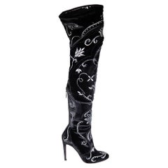 Aquazzura Black Velvet Floral Over the Knee Boots Size IT 38
