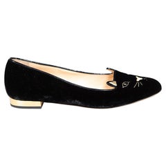 Charlotte Olympia Black Velvet Kitty Ballet Flats Size IT 41