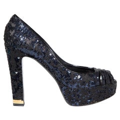 Louis Vuitton Navy Sequin Peep Toe Platform Heels Size IT 38.5