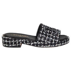 Chanel Black Tweed Interlocking CC Slides Size IT 37