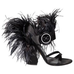 Prada Black Satin Feather Trim Block Heels Size IT 37