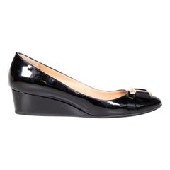 Salvatore Ferragamo Black Patent Bow Accent Wedges Size US 10
