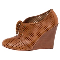 Tory Burch Brown Perforated Leather Wedge Sneakers Size 38.5