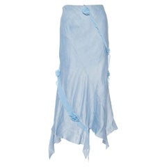 Emporio Armani Blue Linen & Silk Floral Applique Trim Detail Midi Skirt M