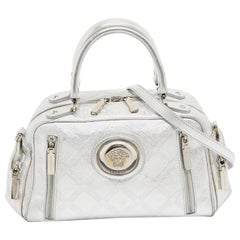 Versace Silver Monogram Embossed Leather Multi Pocket Medusa Satchel