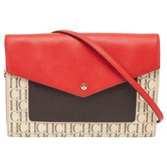 Carolina Herrera Red/Brown Signature Coated Canvas and Leather Envelope Flap Bag