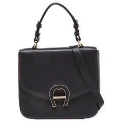 Aigner Black Leather Logo Flap Top Handle Bag