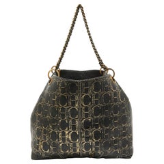 Carolina Herrera Black/Gold Monogram Embossed Leather Chain Tote