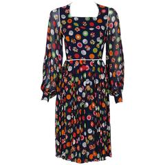 1972 Christian Dior Demi-Couture Deco Graphic Silk Billow-Sleeve Pleated Dress 8