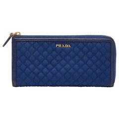 Prada Navy Blue Quilted Nylon and Leather Logo Zip Around Wallet