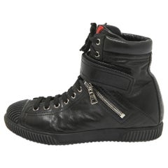 Prada Sport Black Leather High Top Sneakers Size 36.5
