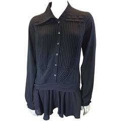 Alexander Mcqueen Black Pleated Chiffon Blouse with Lace Detail