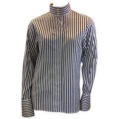 Chanel Navy and White Striped High Neck Button Up Shirt