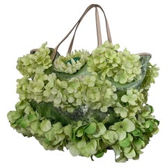 Summer Chartreuse Metallic Leather Tote Bag Covered in Silk Hydrangea Flowers