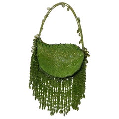 Chartreuse Bugle-Beaded Shoulder Bag w/ Exquisite Glass Beaded Fringe