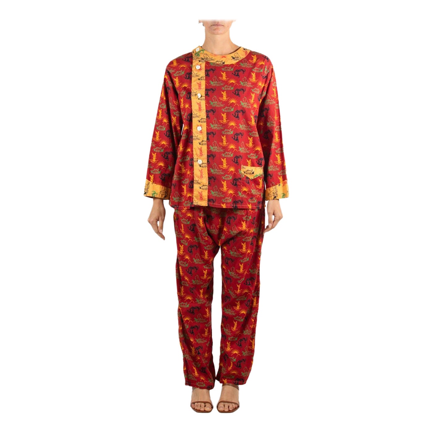 1930S Brick Red & Yellow Cotton Asian Novelty Printed Men's Pajamas For Sale